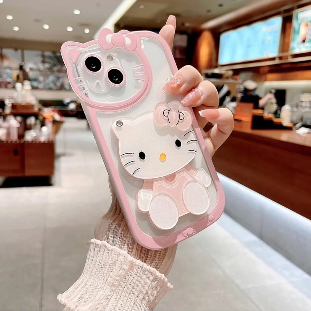 for iPhone 14 Pro Kawaii Cartoon Cute Pink Phone Case with Mirror